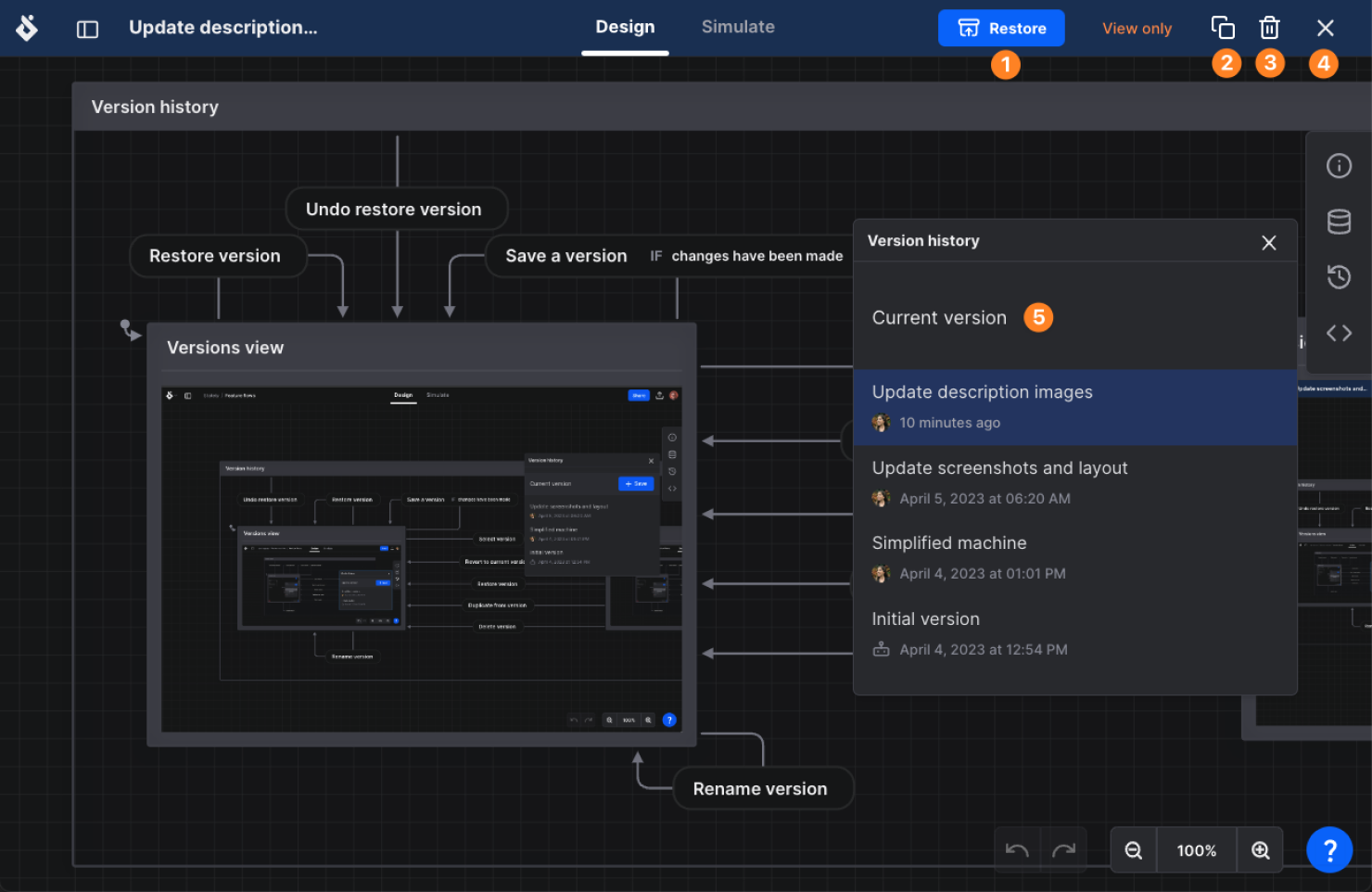 Viewing the past version of your machine in the Editor, indicating the features for working with that version.