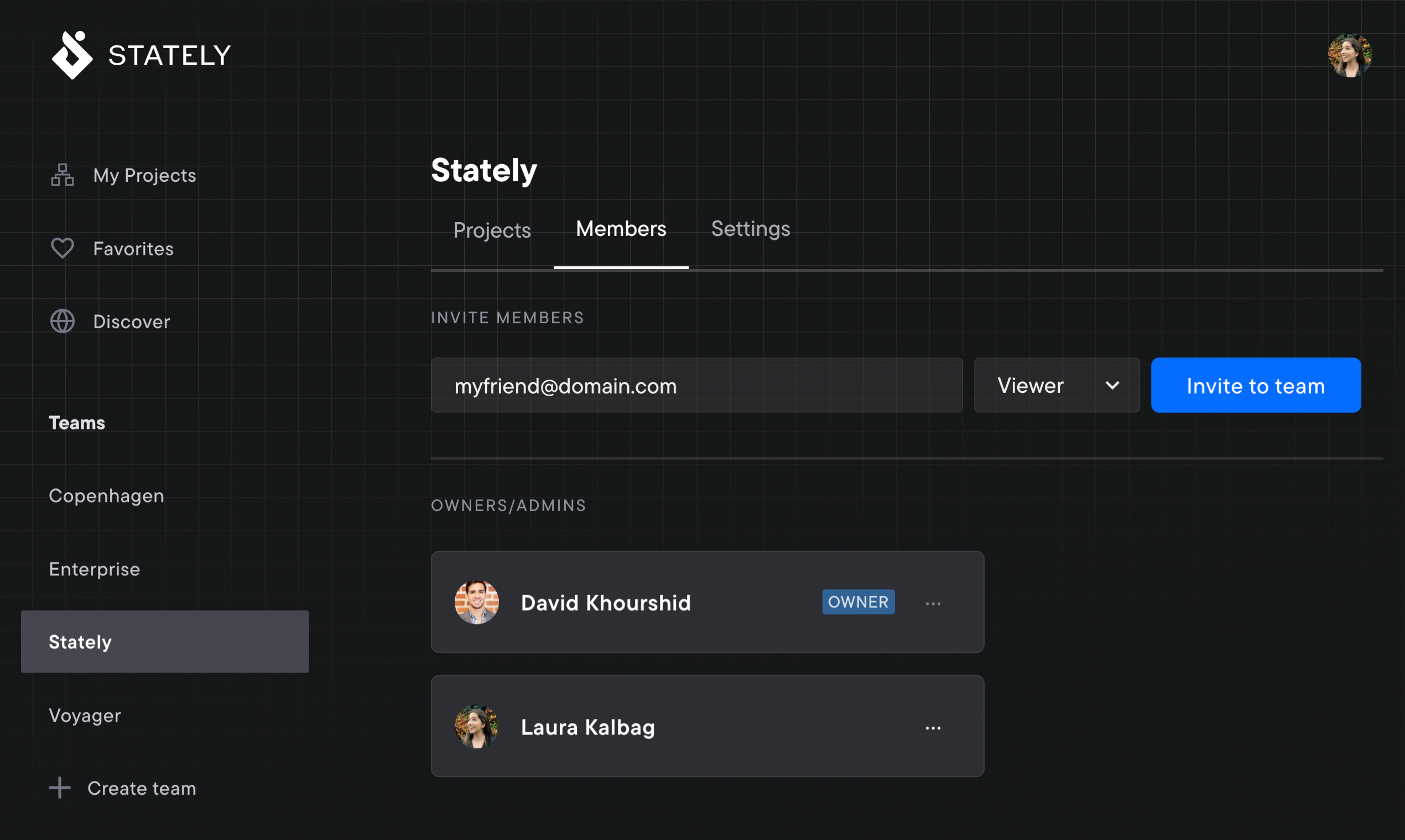 The Members view of the Stately team in the Stately Studio. There’s an inline Invite Members form with options for an email address, and dropdown for role with “Viewer” currently selected. In the team there’s a list of Owners/Admins including David Khourshid and Laura Kalbag. David has a badge of “Owner” alongside his avatar.