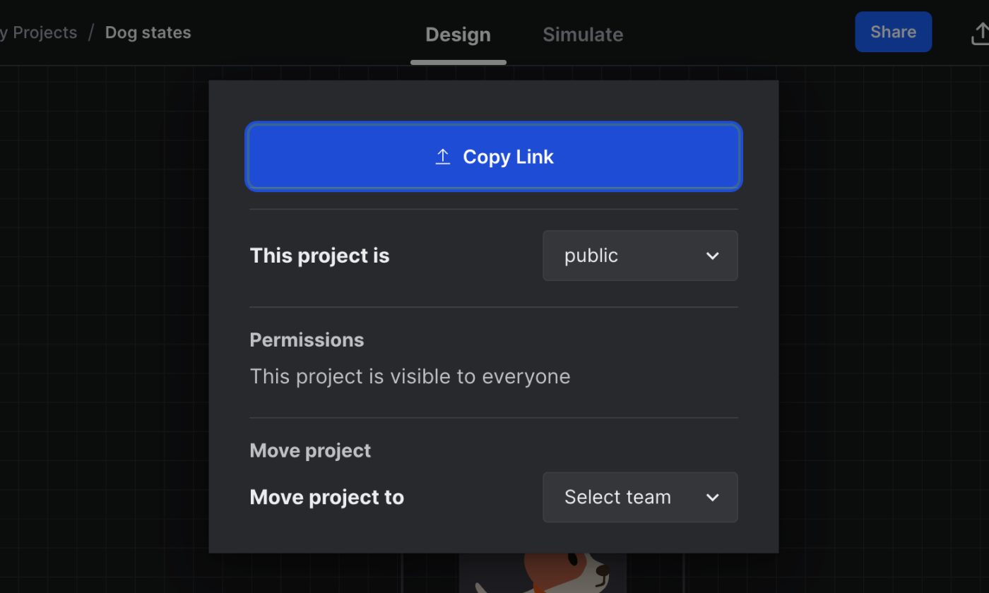 Stately Studio editor page showing the Share modal with the options for changing project visibility and moving projects to another team.