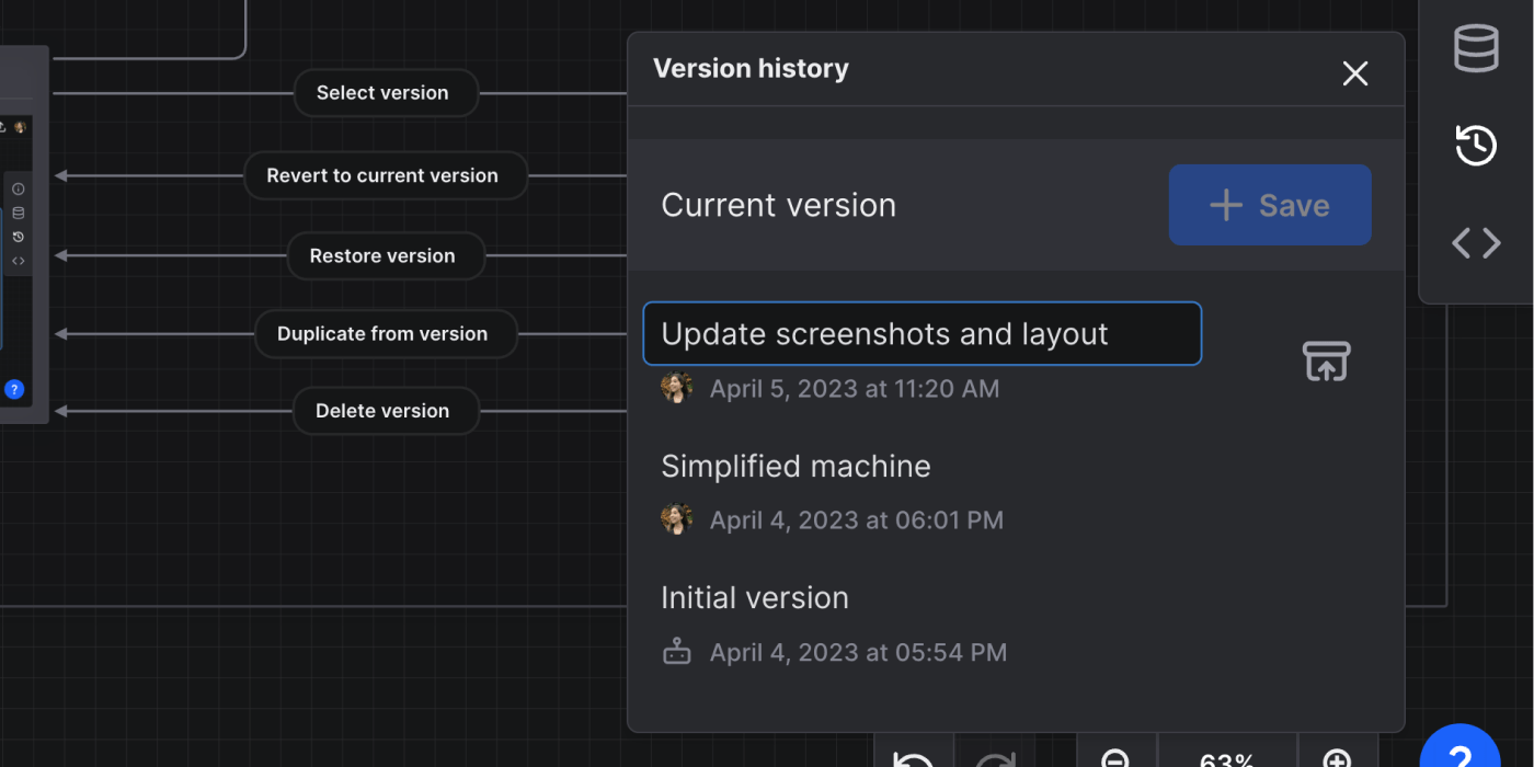 Selecting a version name in the Version history panel, showing the text input for the new name.