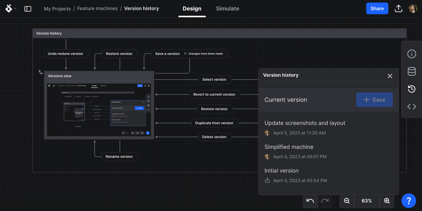 Version history panel opened from the right tool menu showing a list of versions.