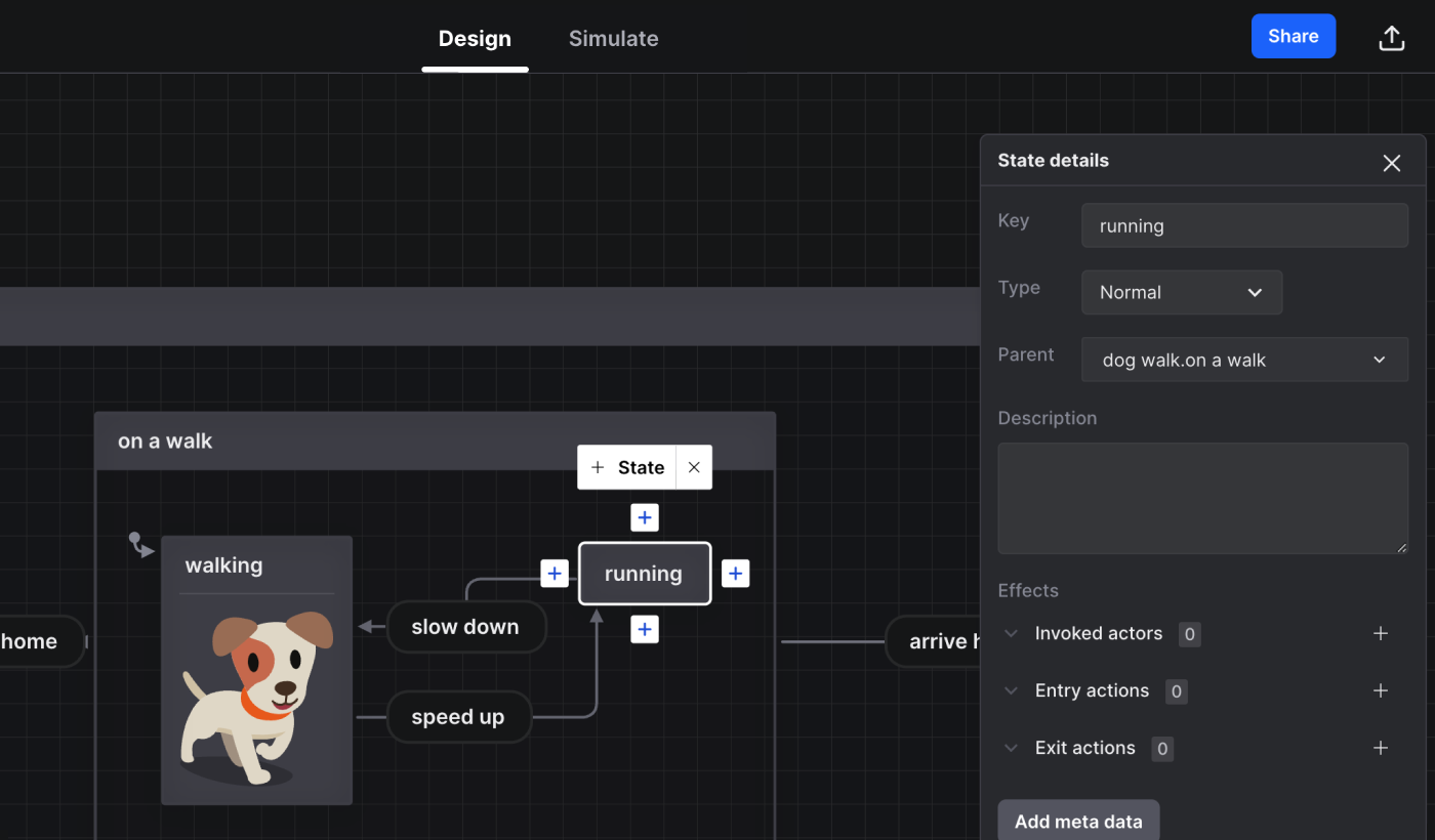 A dog walk machine open in Stately Studio’s editor in Design mode. The running state is selected, with the right panel showing options for a state.